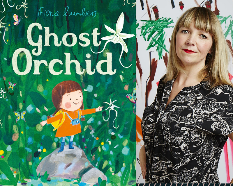 Two images in one - On the left, the cover for Ghost Orchid (forest green background dotted with flowers, a small girl in an orange raincoat with a camera around her neck, white text). One the right, a headshot of Fiona Lumbers, looking at the camera, wearing a black and white shirt and red lipstick. She has blonde hair and green eyes. 